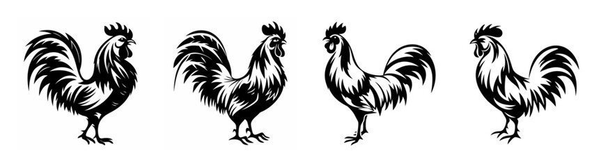 Four stylized roosters displayed from different angles in a striking black and white artistic rendering