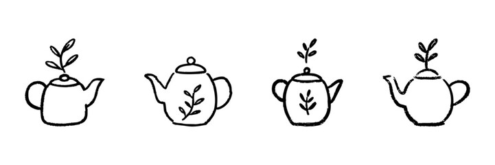 Obraz premium Teapot With Leaf Design Line Icon Set In Doodle Style. Herbal Tea, Natural Infusion, And Eco-Friendly Beverage Outline Sketch Collection. Hand Drawn Isolated Vector Illustration
