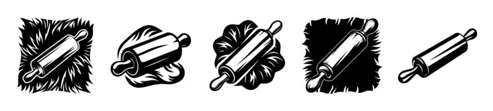 Collection of five vintage style rolling pin icons perfect for baking and kitchen graphics