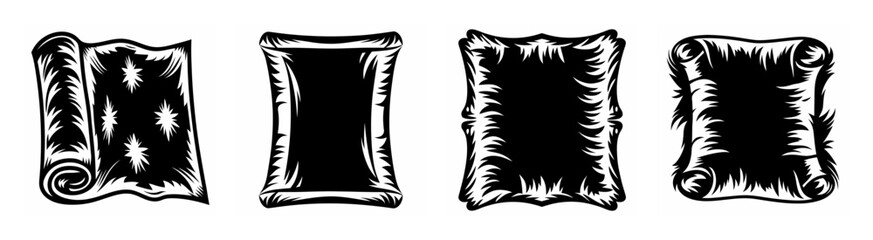 Four black and white images of scroll-like shapes with rough edges and textured surfaces.