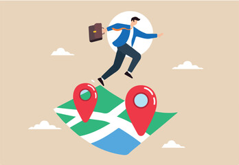 Businessman jumps from one map navigation pin to new one, illustrating business relocation. Concept of moving offices to new address or transferring to different location