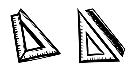 Two hand-drawn triangle rulers with measurement markings and geometric drafting tools