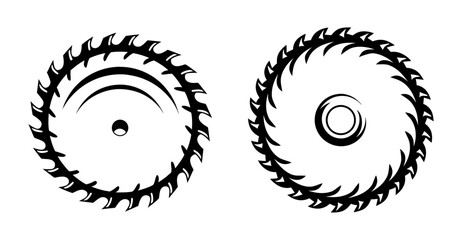 Close-up of two black saw blades with serrated teeth showing circular motion and sharp edges