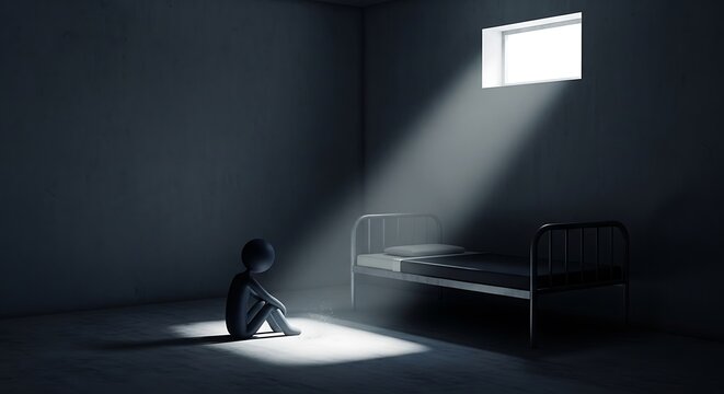 Solitary Figure in Dark Room Hopeful Light Ray from High Window.