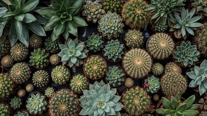 Fototapeta premium A variety of succulents and cacti arranged together with different shapes and sizes.