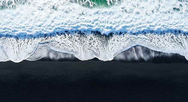 Aerial view of ocean waves crashing on black sand beach