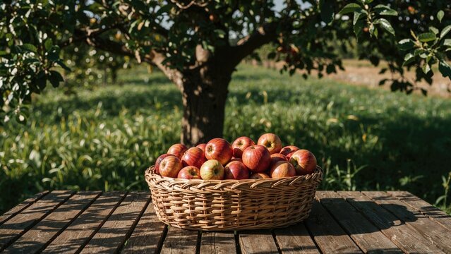 Basket of apples on a wooden table outdoors under a tree with green grass in the background.
