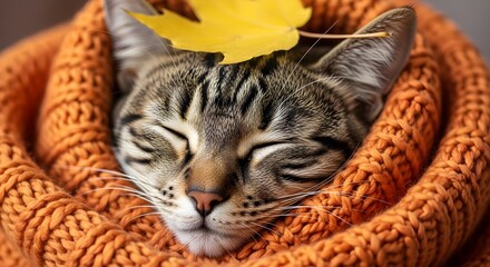 Cozy tabby cat naps peacefully wrapped in a warm orange knitted scarf with a single autumn leaf on its head.