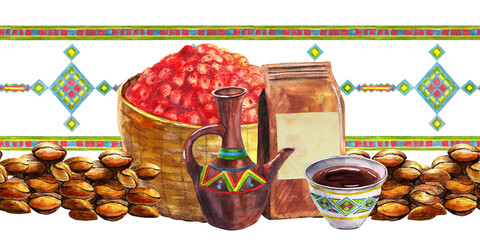 Ornamented Ethiopian traditional coffee clay pot and bowl, straw wicker stand, arabica roasted beans, craft paper bag. Watercolor seamless border. For culinary books, cafe menu banners, cards
