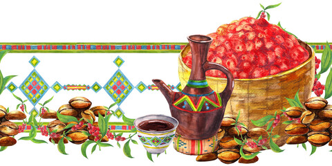 Ethiopian traditional coffee clay dishes with ornament, wicker basket with ripe coffee cherries, arabica roasted beans. Watercolor seamless border. For culinary books, cafe menu banners, cards