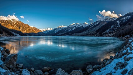 Snow-capped mountains surrounding a partially frozen lake with rocks along the shore during daytime.