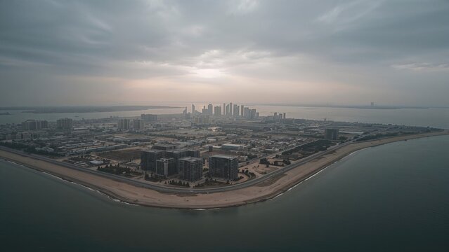Aerial view of a coastal cityscape with high-rise buildings, harbor, and stormy sky. Urban development, waterfront, and skyline.