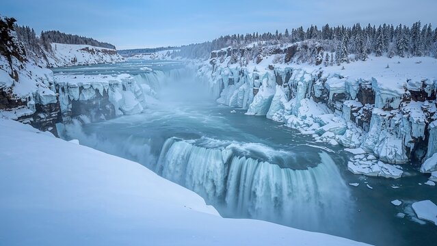 Snow-covered landscape with icy river and waterfalls. Natural winter scenery. Cold weather and frozen water. The concept of winter and icy landscapes.