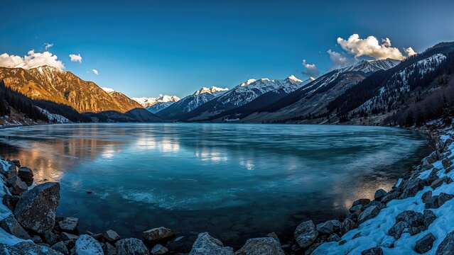 Snow-capped mountains surrounding a partially frozen lake with rocks along the shore during daytime.