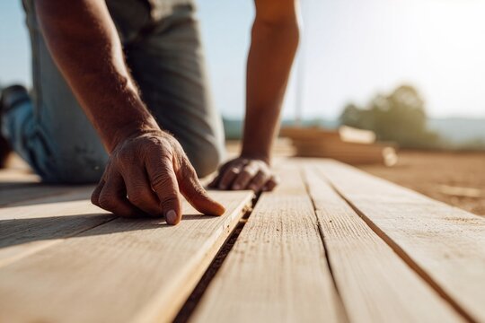 Carpenter aligns wooden planks on a sunny day, ensuring precise placement for a sturdy, reliable structure in outdoor sunlight