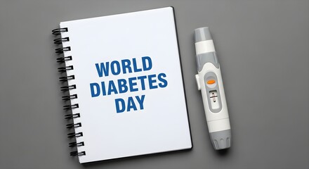 Notebook with 'World Diabetes Day' text and a glucose meter, symbolizing health awareness and monitoring.