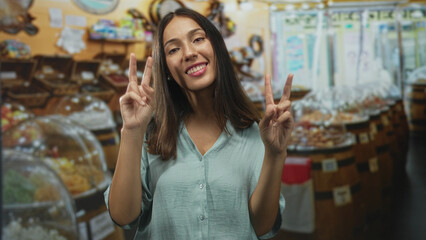 Brunette young hispanic woman holds up two peace signs with both hands in a candy shop aisle while smiling at camera; playful joy.