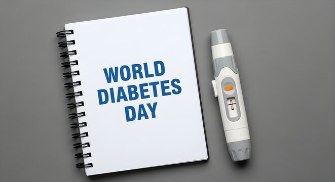Notebook with 'World Diabetes Day' text and a glucose meter, symbolizing health awareness and monitoring.