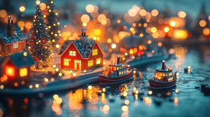 Illuminated winter village scene, boats, holiday card