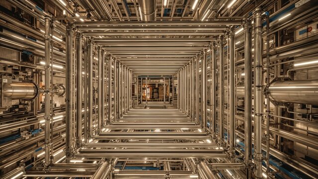 A futuristic corridor of interconnected pipes and machinery, resembling an industrial tunnel with metallic structures and intricate piping systems.