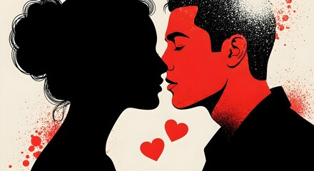Passionate couple shares an intimate kiss with red hearts and splashes of color