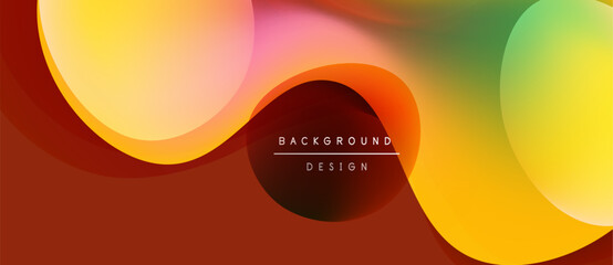 Abstract fluid shapes blend, creating vibrant orange, yellow, green gradients. Design text centered within dark space. Modern aesthetic.