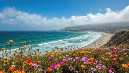 Colorful wildflowers along a beach with waves and distant cliffs under a partly cloudy sky