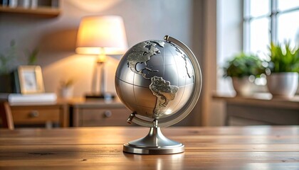 A metallic globe with raised relief map showing North and South America, placed on a wooden surface in a modern interior setting