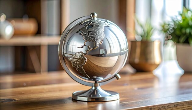 A metallic globe with raised relief map showing North and South America, placed on a wooden surface in a modern interior setting