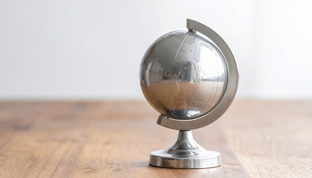 A metallic globe with raised relief map showing North and South America, placed on a wooden surface in a modern interior setting