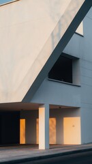 Fototapeta premium Architectural Harmony: A modern architectural marvel, showcasing clean lines and geometric shapes bathed in soft sunlight, creating a play of light and shadow on the building's facade. 