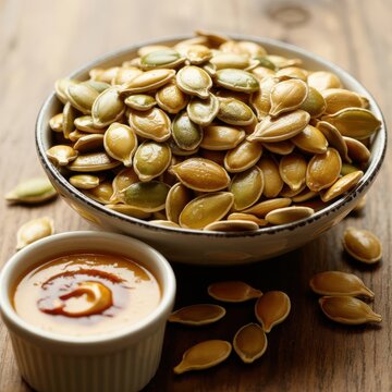 Pumpkin seeds in bowl with dip on wooden table pepitas