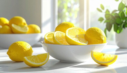 A white ceramic bowl filled with fresh lemons and lemon slices