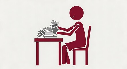 Stylized Maroon Stick Figure Icon Organizing Documents and Photos at Desk.