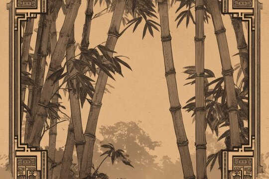 Vintage 1930s style bamboo forest poster with art deco border.