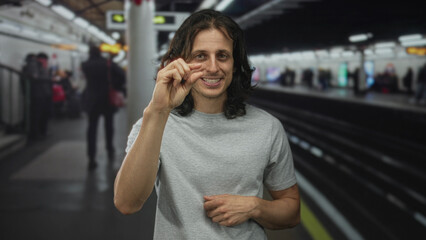 Fototapeta premium Man pinching finger on a train station platform near tracks, smiling and gesturing to show a tiny amount; playful teasing.