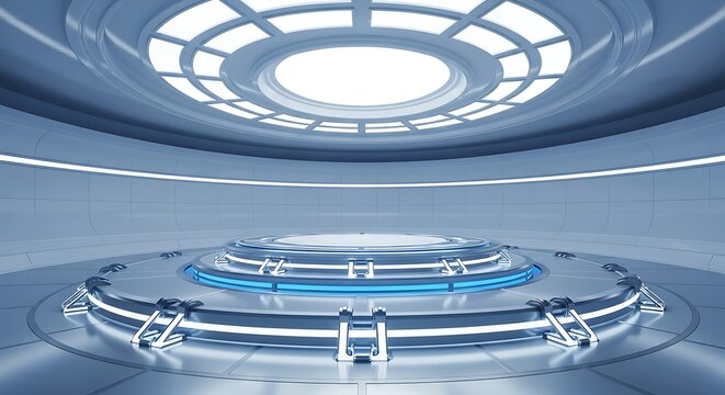 Futuristic empty circular platform with blue lights