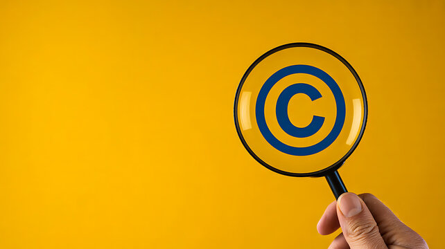 Hand holding magnifying glass over copyright symbol on yellow background symbolizing intellectual property and content protection