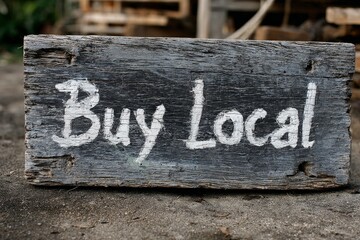 'Buy Local' message on a textured, distressed wooden board.
