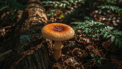 A mushroom growing at the base of a tree in a forest environment.