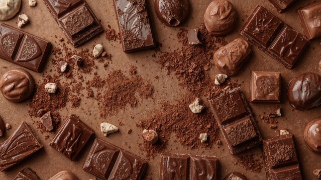 An assortment of chocolates with cocoa powder and crumbs scattered around. Confectionery and dessert concept. Chocolate and sweets. The concept of indulgence and luxury in chocolates. - Powered by Adobe