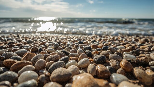 Pebbles on the beach with sunlight reflecting on the water and ocean waves in the background. - Powered by Adobe