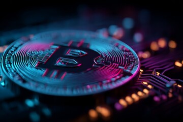 High contrast digital art of a neon Bitcoin with circuit patterns.