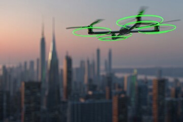Flying drone wind turbines with neon green blades over a cyber-city.