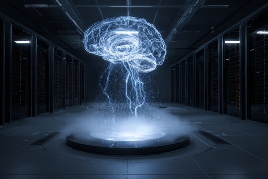 Futuristic technology concept with a floating AI brain scan.