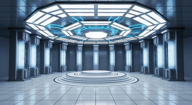 Futuristic empty octagon room with glowing blue lights