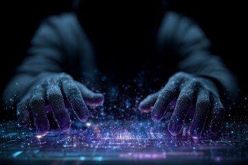 High-tech desk with hands manipulating floating data nodes.