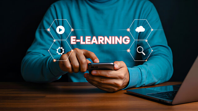 Person using smartphone with glowing E-LEARNING text and icons symbolizing online education, digital learning and tech-enabled study