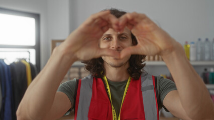 Man smiling and forming heart with hands in building volunteer center; community service compassion...