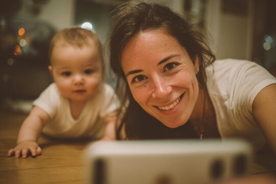 Mom on a video call while her baby plays on the floor nearby. - Powered by Adobe